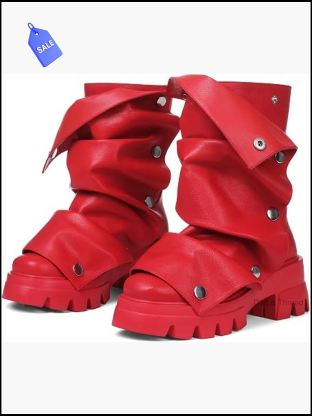 Slouchy Fold Over Platform Boots Mid Calf Chunky Heel Punk Pull On Combat Boots